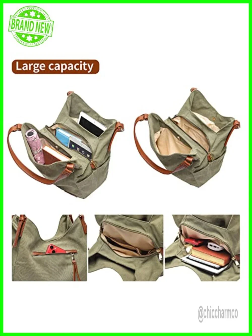 Canvas Hobo Purse Multi Pocket Tote Shopper Shoulder Bag Top Handle Handbag